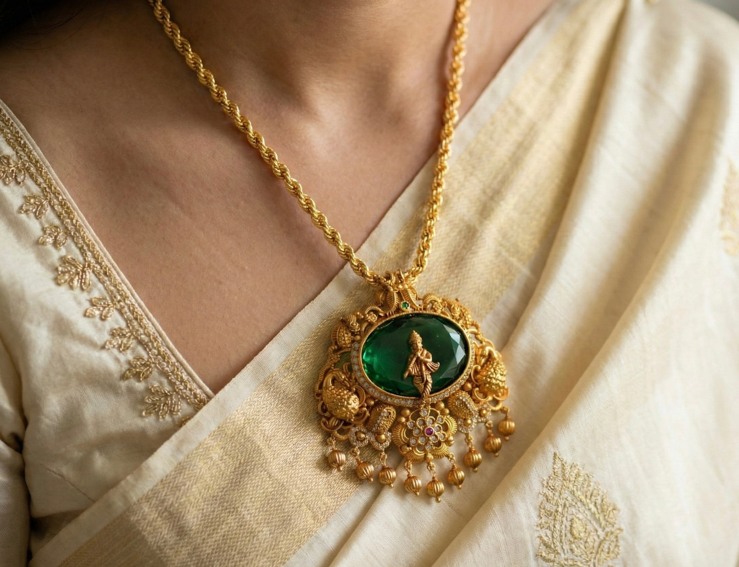 Gold tone 18 inches chain with oval green Krishna pendant dj-52615