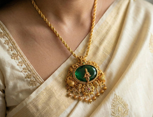 Gold tone 18 inches chain with oval green Krishna pendant dj-52615