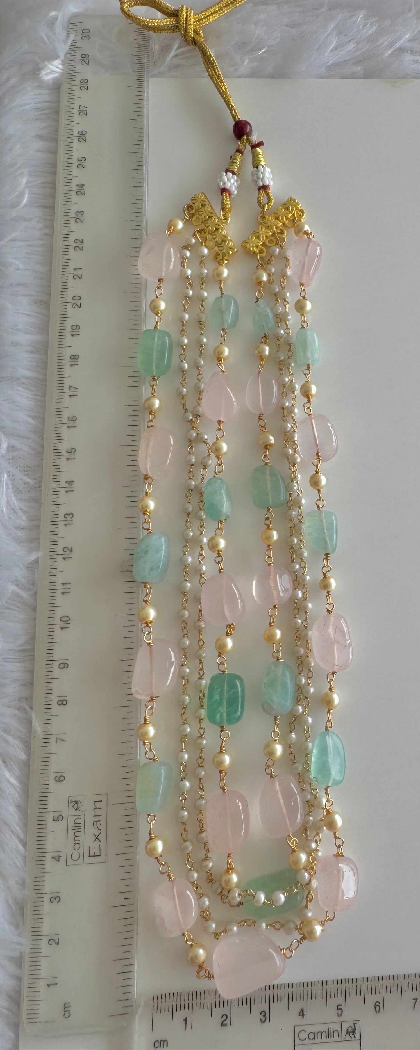 Antique gold tone baby pink Green Onyx Beaded Necklace Set Dj-51462