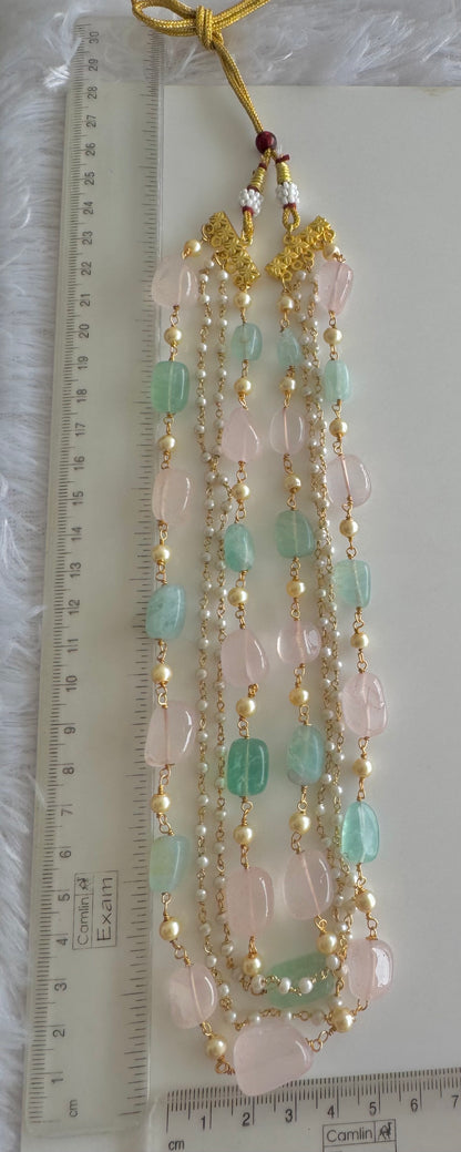 Antique gold tone baby pink Green Onyx Beaded Necklace Set Dj-51462