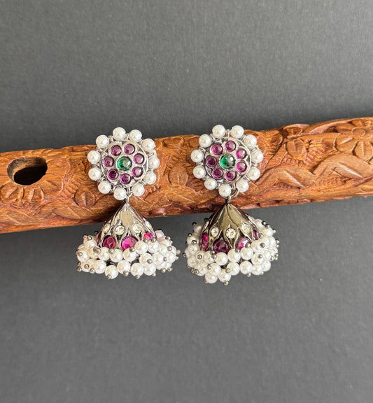 Black finish precious kemp-green-white pearl jhumkka dj-51476