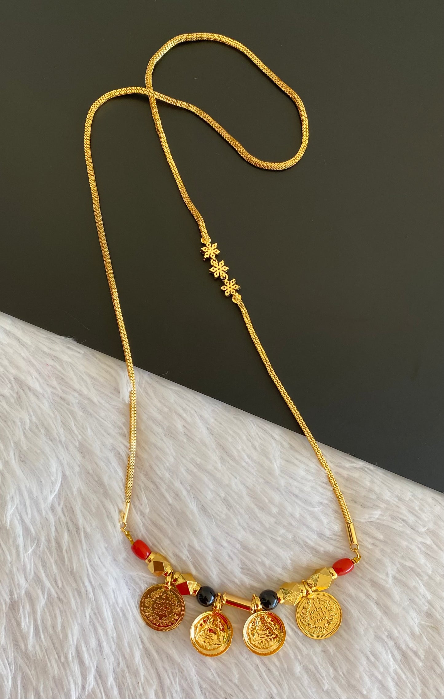 Gold tone 24 inches white flower mugappu with coral-black beads lakshmi coin mangalyam dj-52998