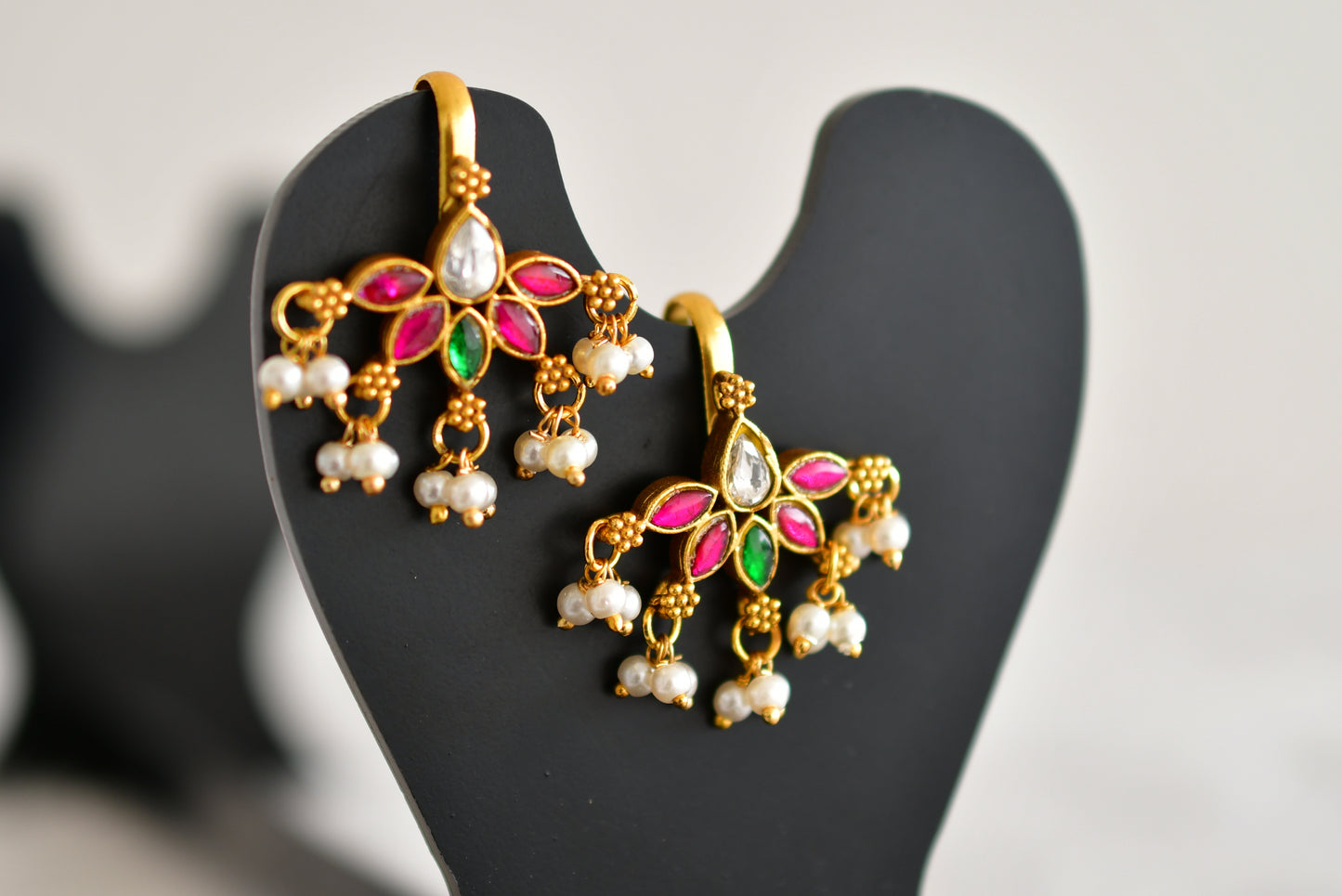 Gold tone pink-green-white kundan jadau bugadi earrings dj-52489