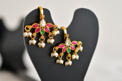 Gold tone pink-green-white kundan jadau bugadi earrings dj-52489