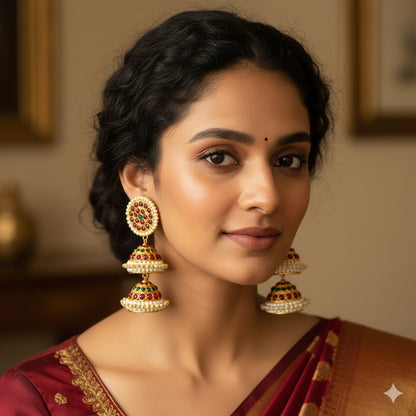 Gold tone kemp-green pearl step jhumkka dj-45737