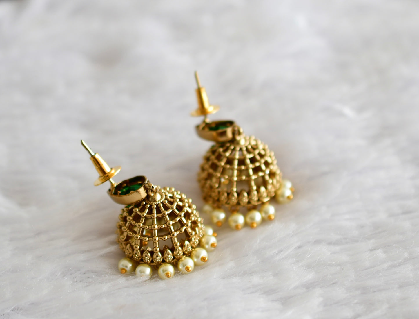 Antique gold tone green thilak stone pearl jhumkka dj-51853