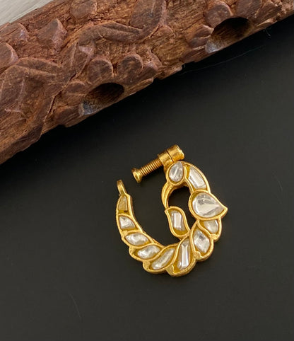 Gold tone kundan jadau white peacock nose pin dj-53713