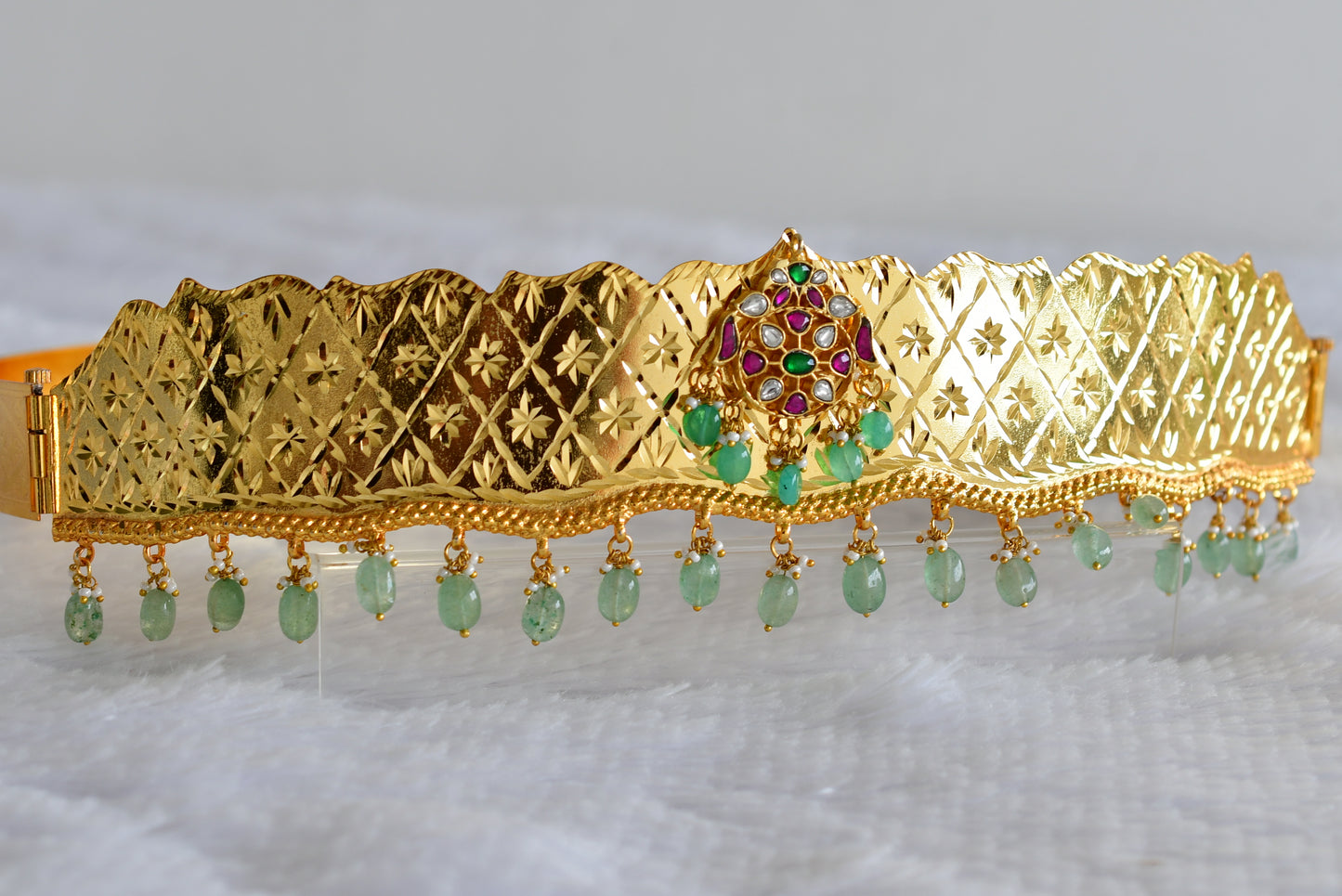 Gold tone pink-green-white kundan jadau flower waist band dj-52185