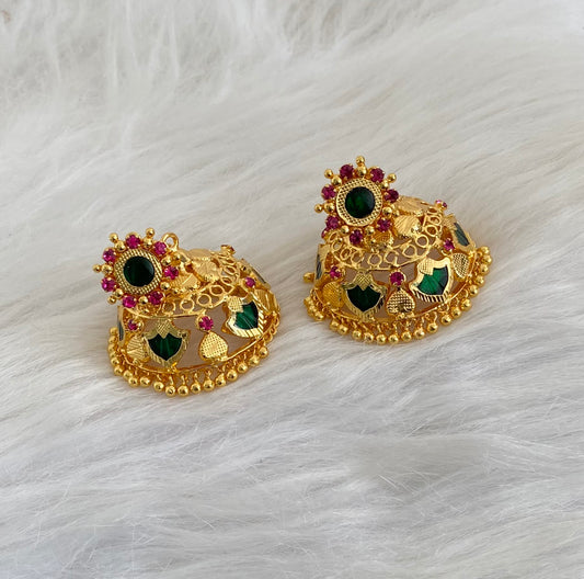 Gold tone kerala style pink-green 6 petal palakka jhumkka dj-54537