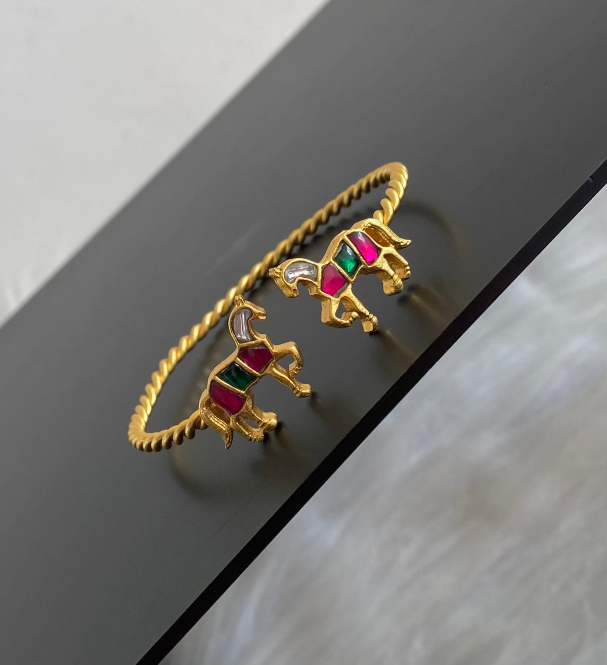 Gold tone pink-green-white Kundan jadau horse openable kada/bangle dj-54860