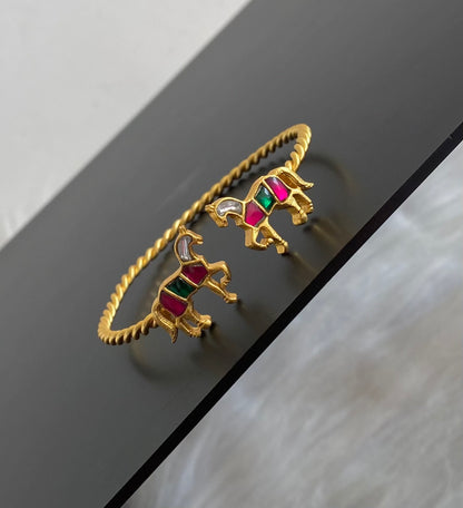 Gold tone pink-green-white Kundan jadau horse openable kada/bangle dj-54860