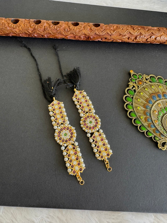 Gold tone precious kemp-green-white stone pearl ear side chain dj-52266