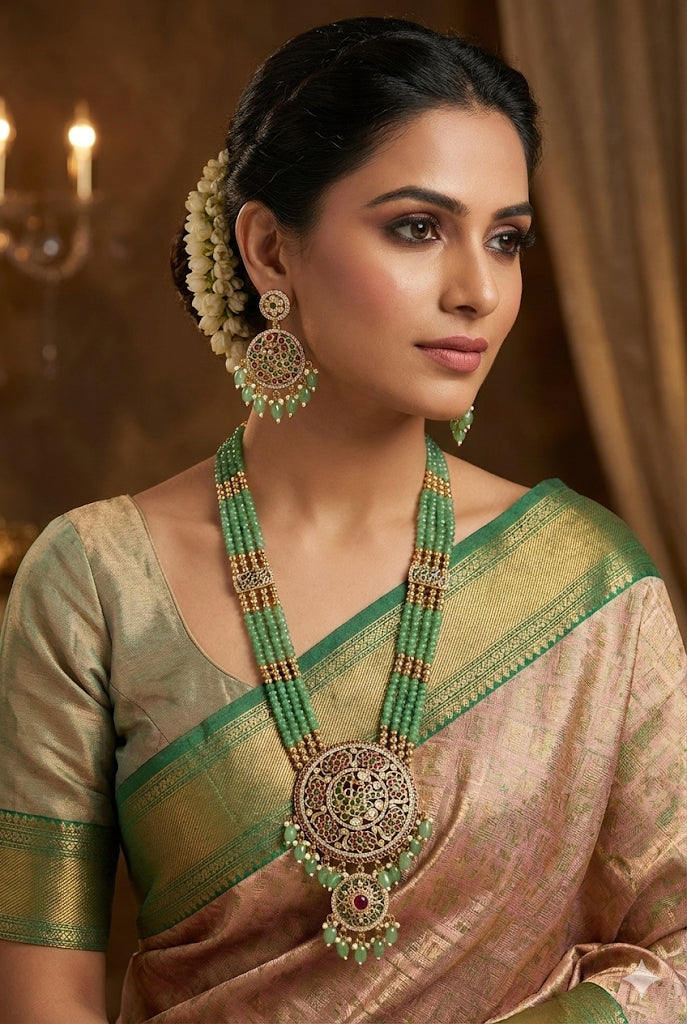 Antique gold tone pink-green beaded peacock haar set dj-52438