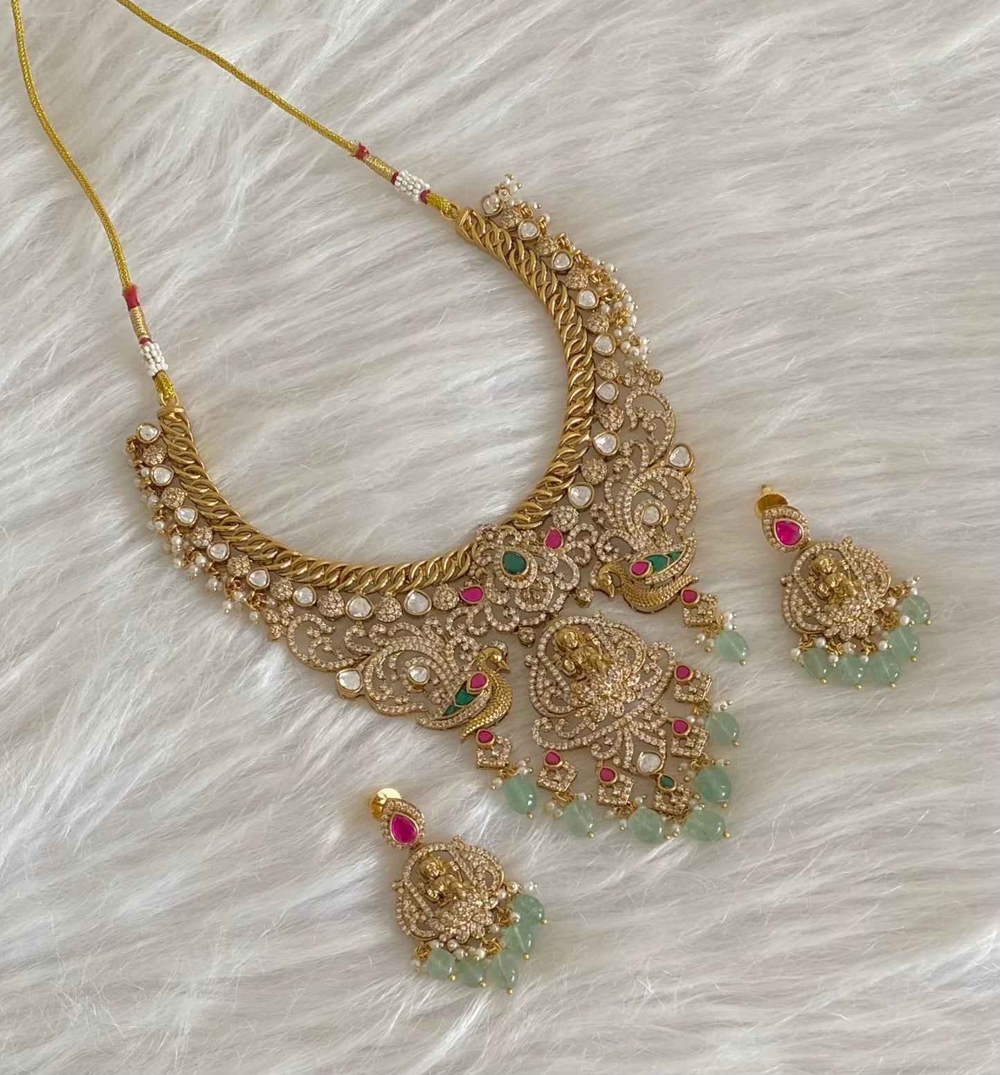 Antique gold tone lakshmi peacock beaded kundan jadau necklace set dj-54508