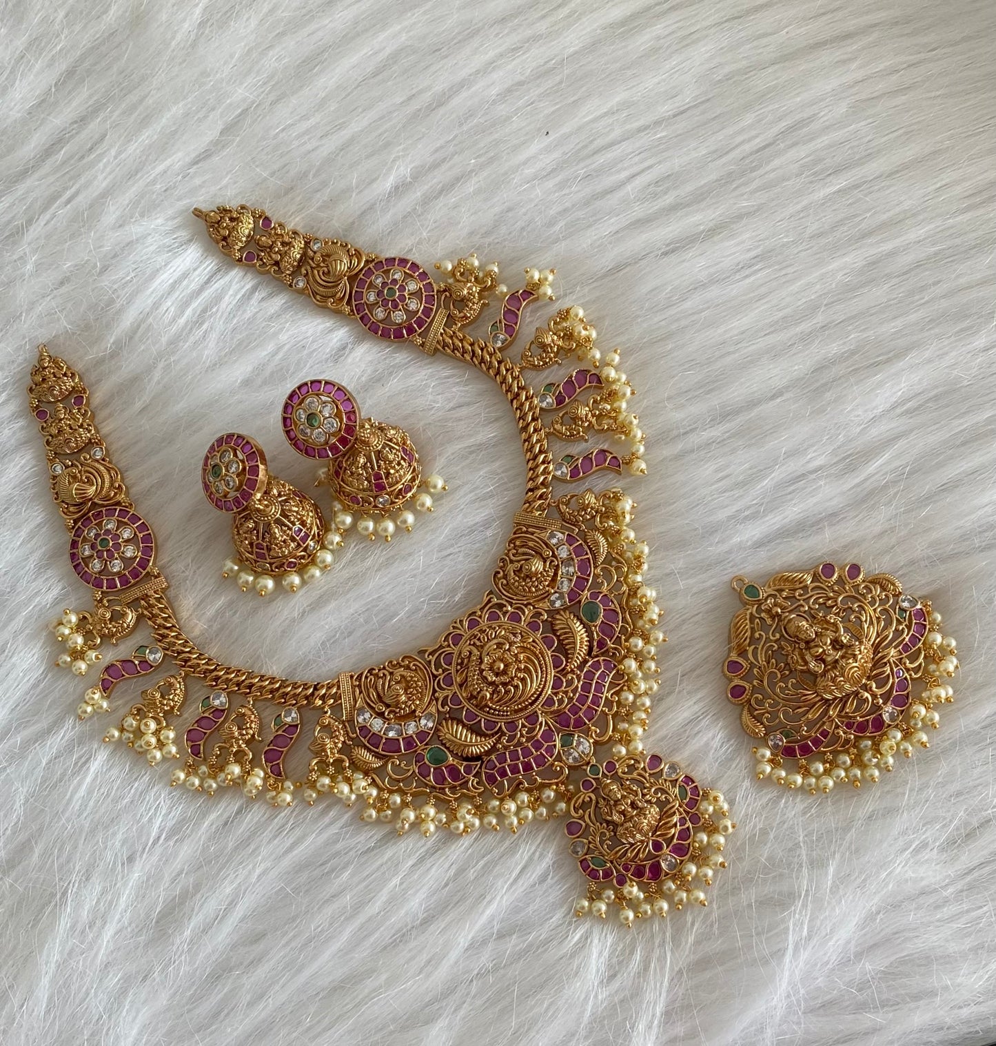 Antique gold tone lakshmi peacock necklace with changeable pendants set dj-54441