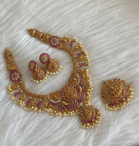 Antique gold tone lakshmi peacock necklace with changeable pendants set dj-54441