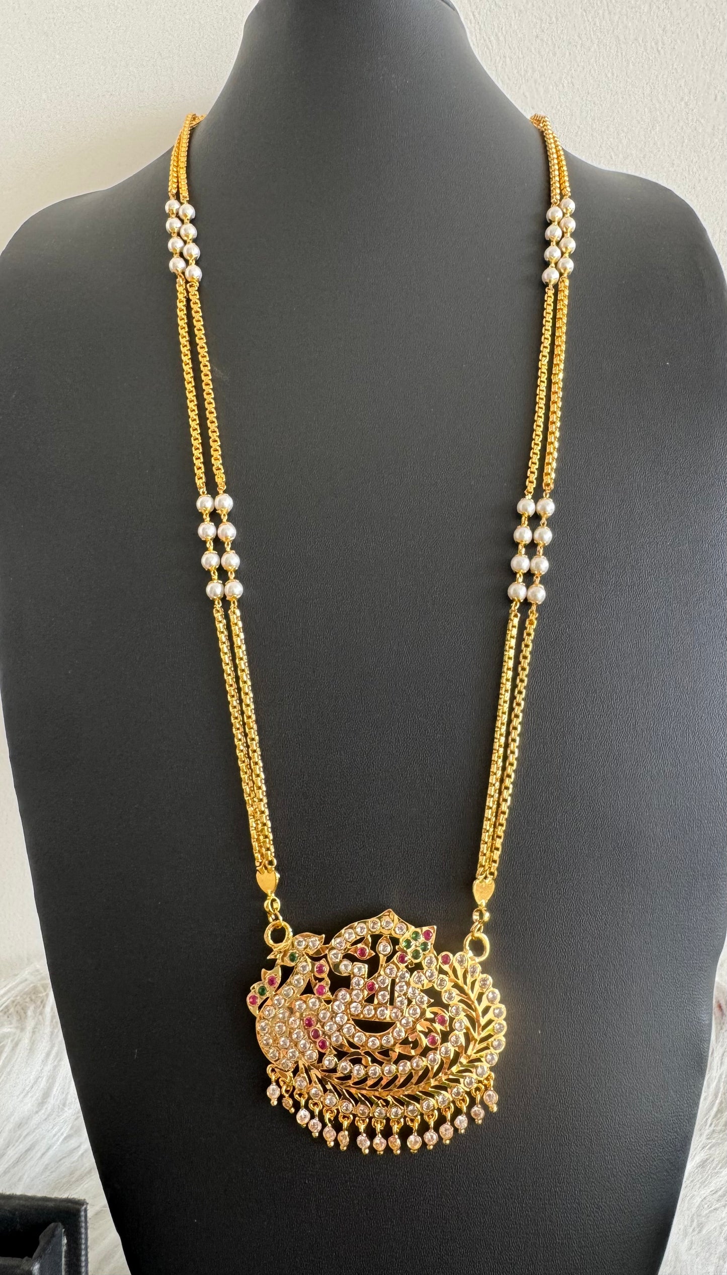 Gold tone double layer pearl chain with AD pink-green Om peacock pendant dj-51191