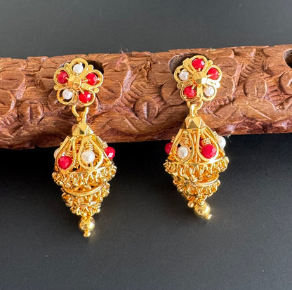 Gold tone coral-pearl beaded step jhumkka dj-51280