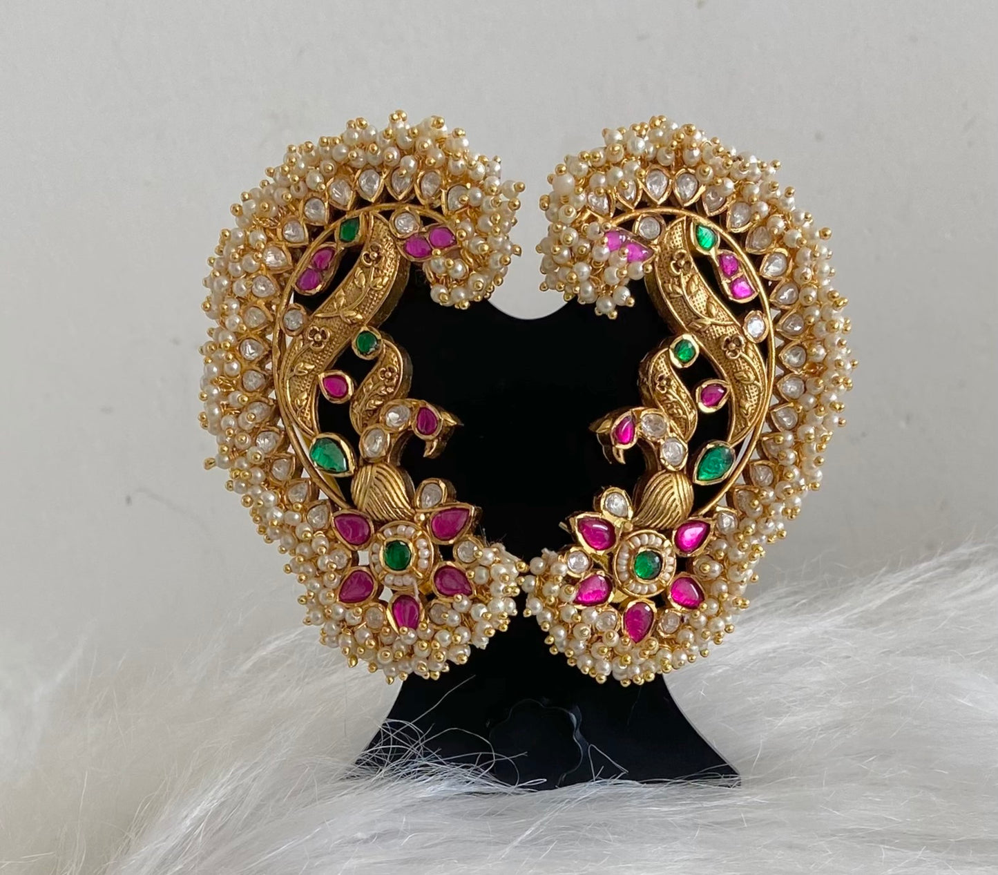 Gold tone pink-green-white kundan jadau big peacock khanpool earrings dj-54568