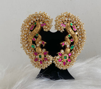 Gold tone pink-green-white kundan jadau big peacock khanpool earrings dj-54568