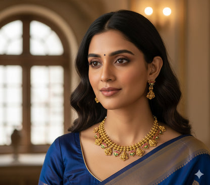 Antique gold tone pink-green-white kundan jadau lotus lakshmi necklace set dj-48936