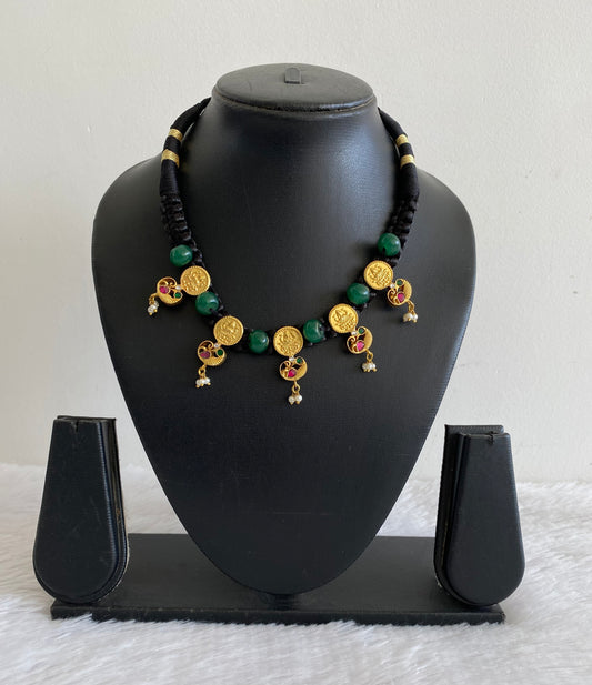 Gold tone pink-green Kundan jadau Lakshmi coin swan Black silk thread necklace dj-36569