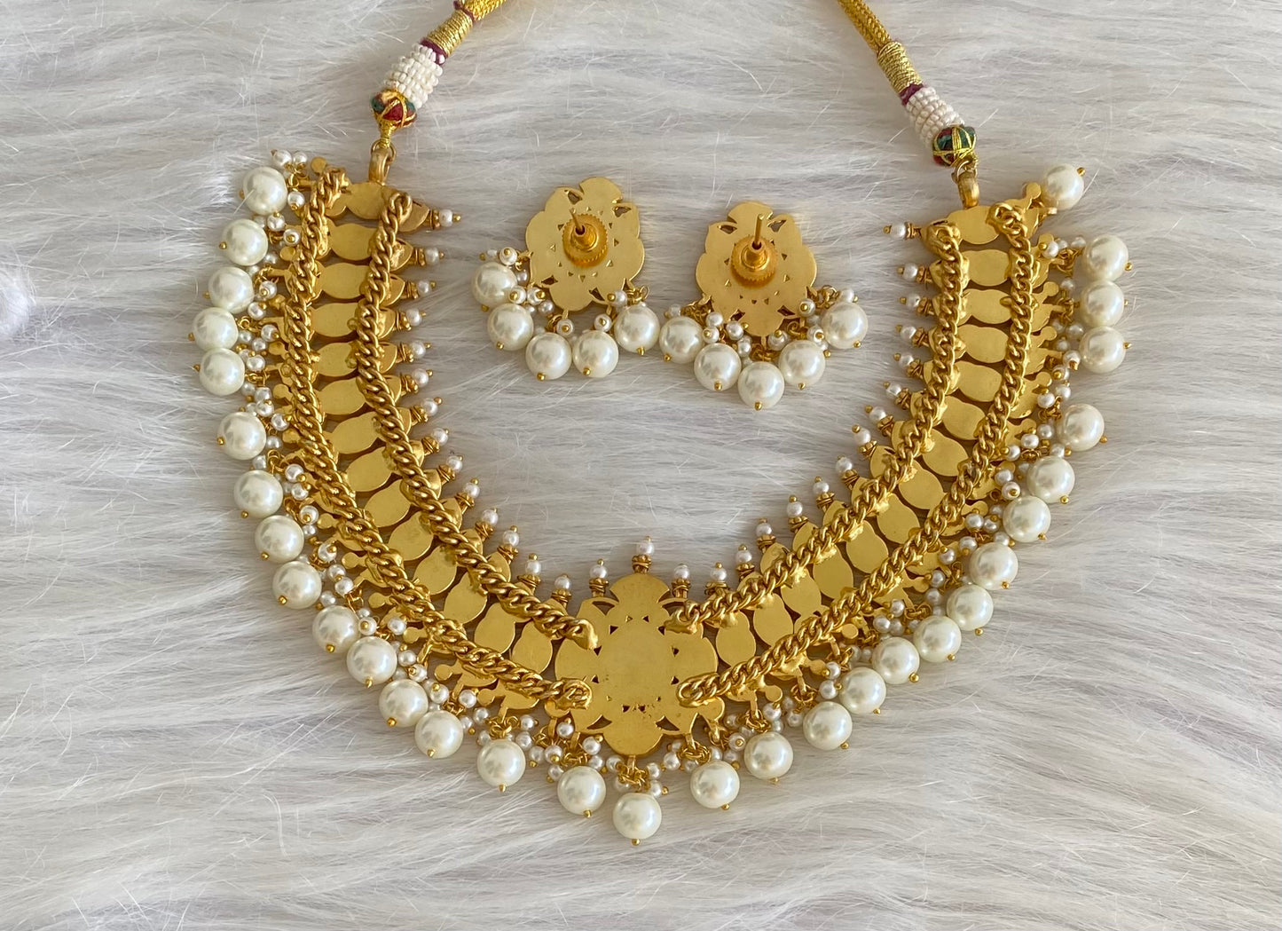 Antique gold tone pearl kundan jadau navarathna necklace set dj-54168
