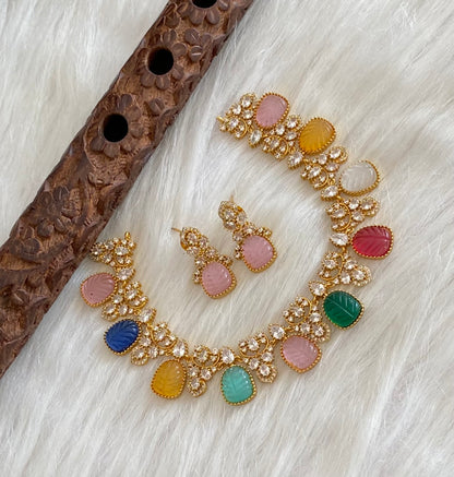Gold tone carved multicolor stone necklace set dj-54814