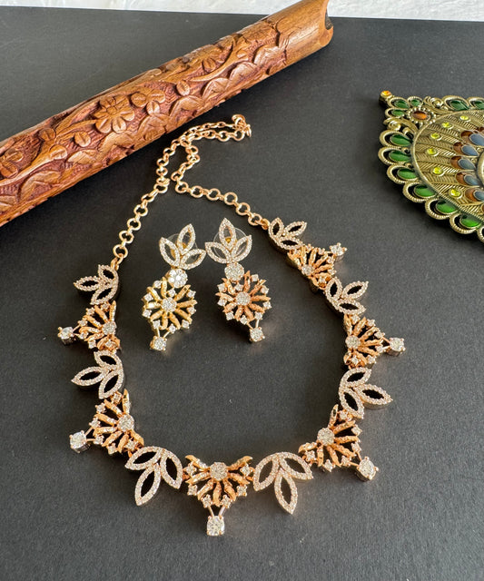Rose gold cz white flower necklace set dj-52092