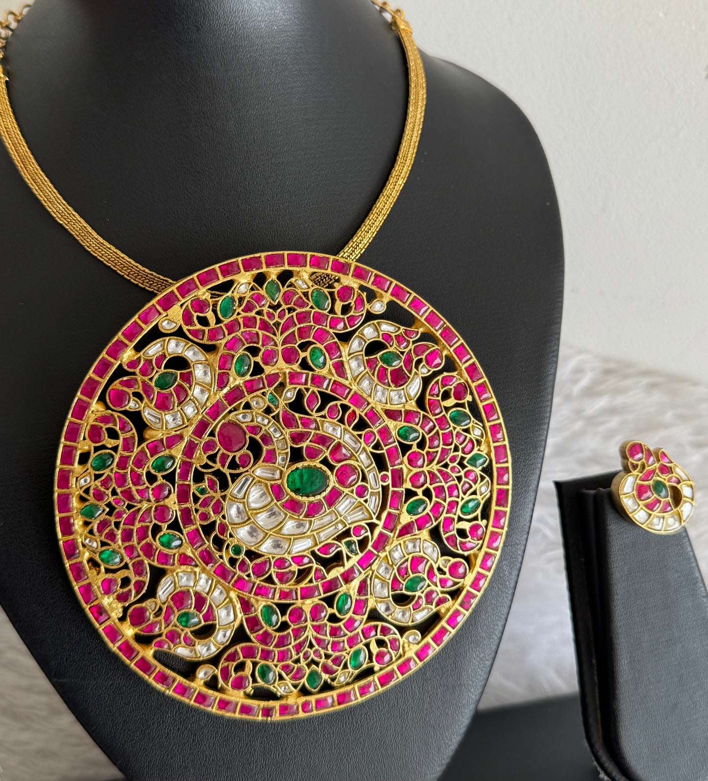 Matte finish pink-green-white kundan jadau huge round peacock necklace set dj-51541