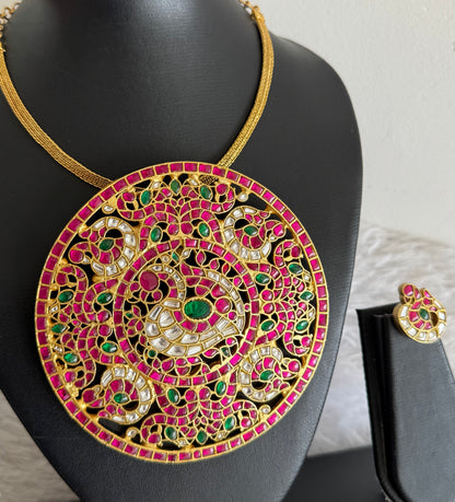 Matte finish pink-green-white kundan jadau huge round peacock necklace set dj-51541