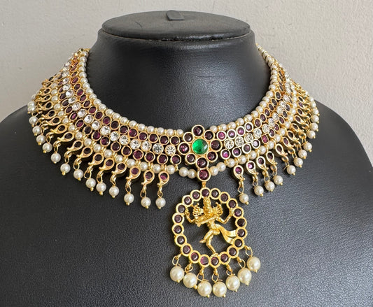 Gold tone precious kemp Shri Natarajar pearl necklace dj-51040
