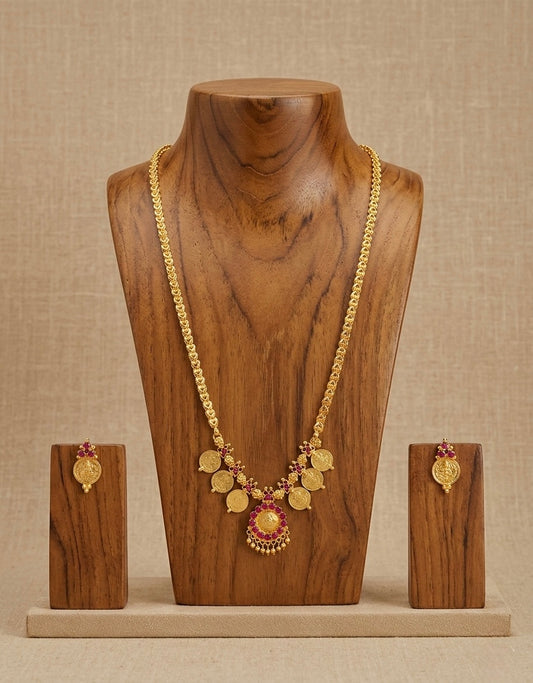 Gold tone 24 inches chain with pink lakshmi coin pendant set dj-52901