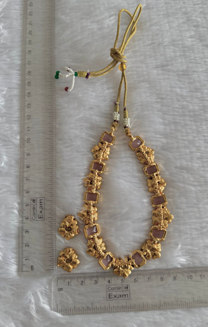 Antique gold flower baby pink block stone necklace set dj-52098