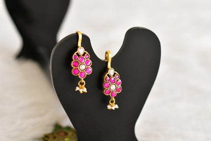 Gold tone pink-white kundan jadau flower bugadi earrings dj-52482