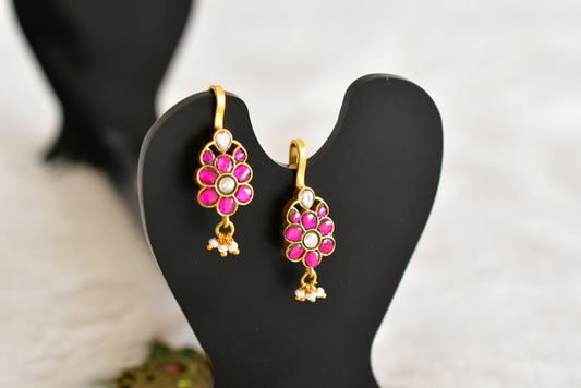 Gold tone pink-white kundan jadau flower bugadi earrings dj-52482