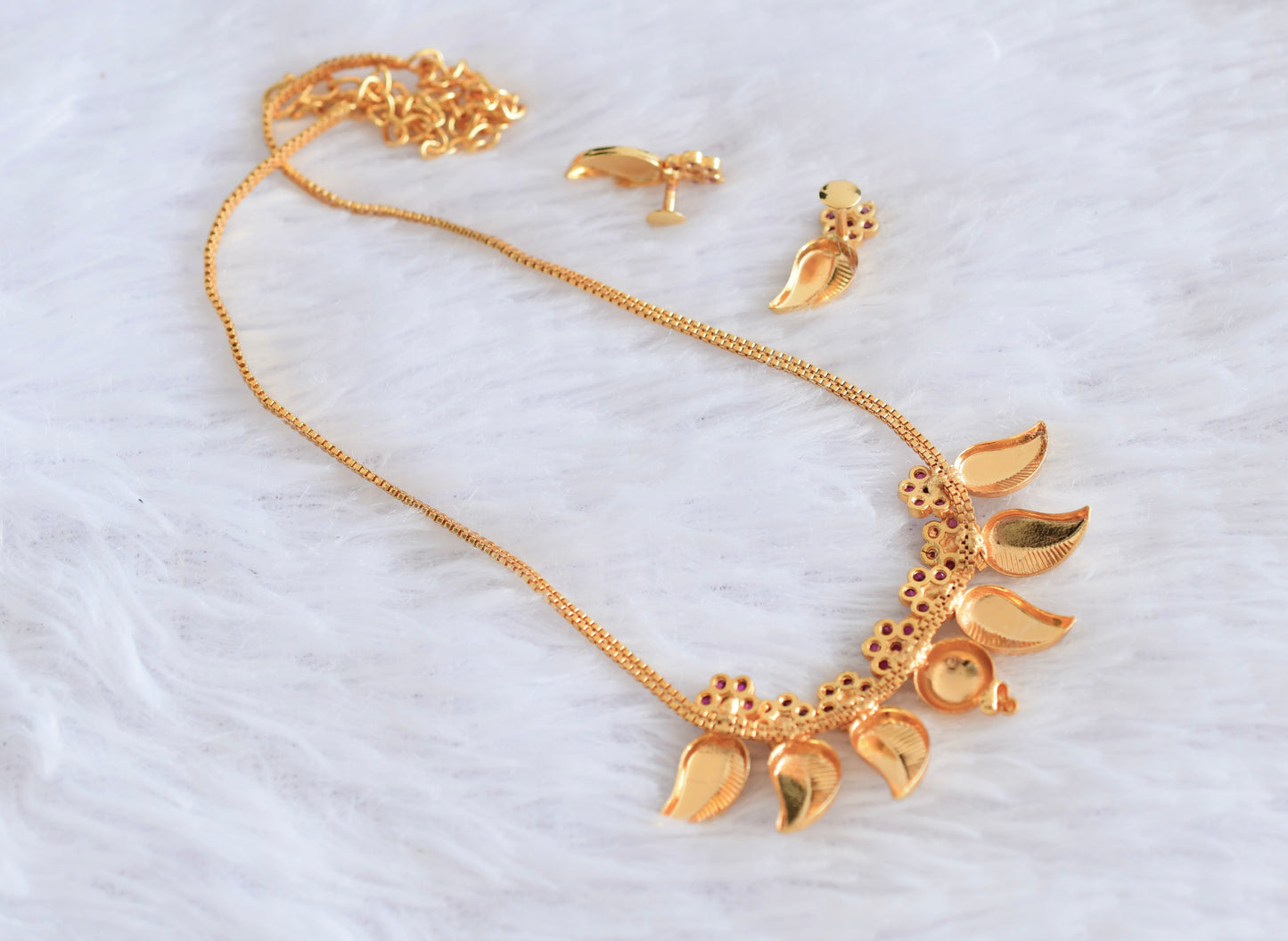 Gold tone pink flower stone mango necklace set dj-53048
