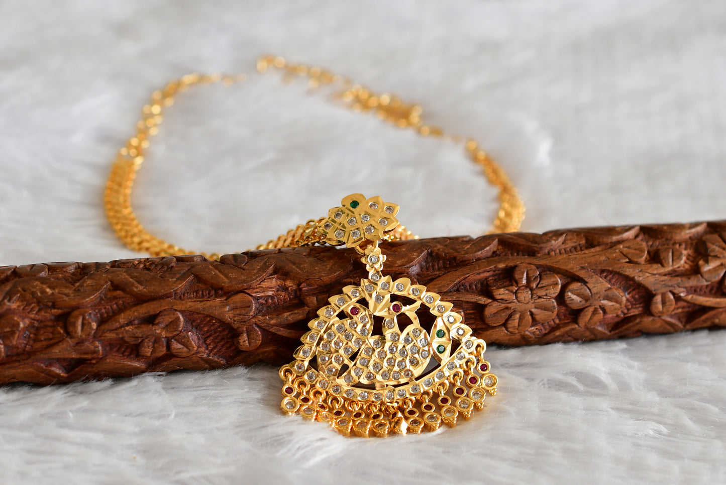 Gold tone south indian AD pink-green-white peacock attigai/necklace dj-51894