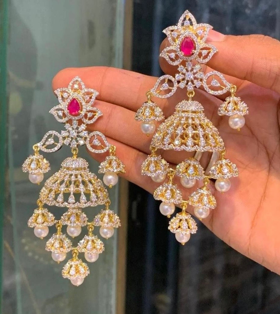 Two tone cz ruby prarl big jhumkka dj-48994