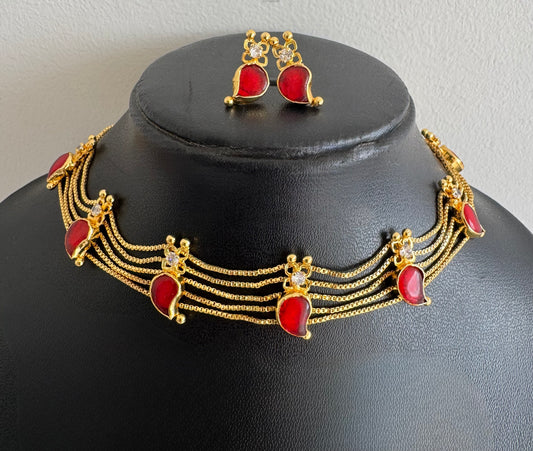 Gold tone kerala style red-white mango choker necklace set dj-51725