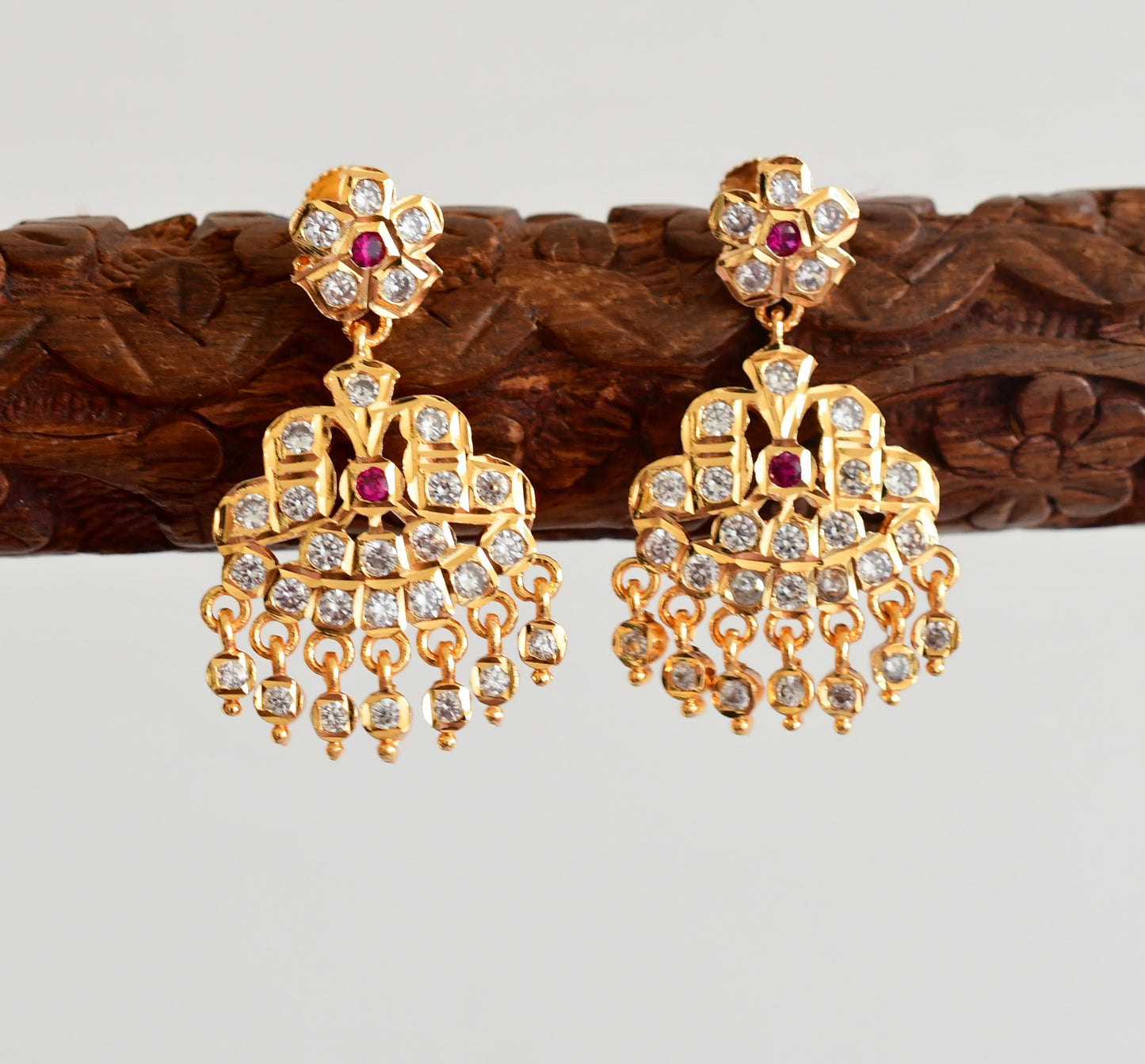 Gold tone AD white-pink south Indian earrings dj-53349