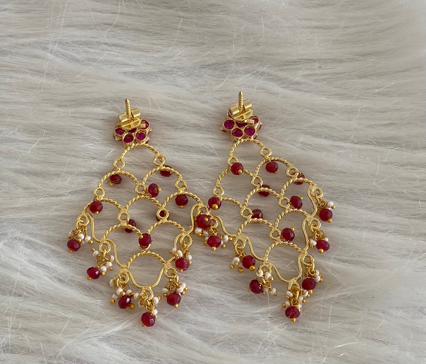 Gold tone ruby stone marron beaded long earrings dj-54645