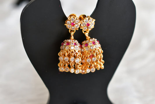 Gold tone AD pink-white stone jhumkka dj-51891