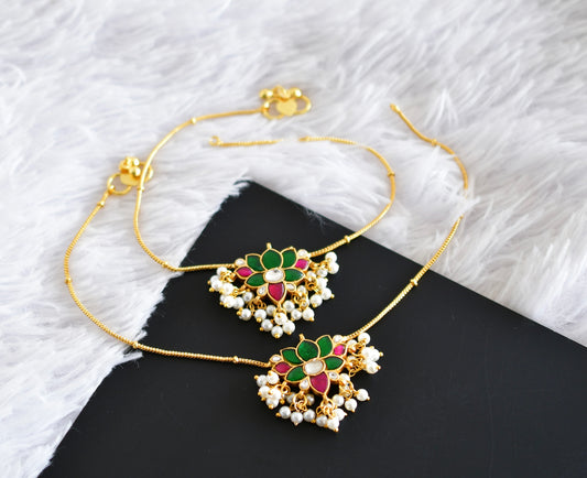Gold tone pink-white-green lotus kundan jadau anklets dj-52400
