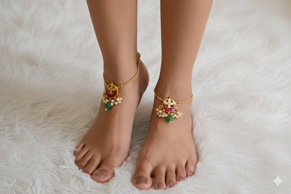 Gold tone pink-green pearl kundan jadau anklets dj-52386