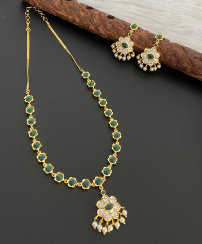 Gold tone green-white stone pearl necklace set dj-54235