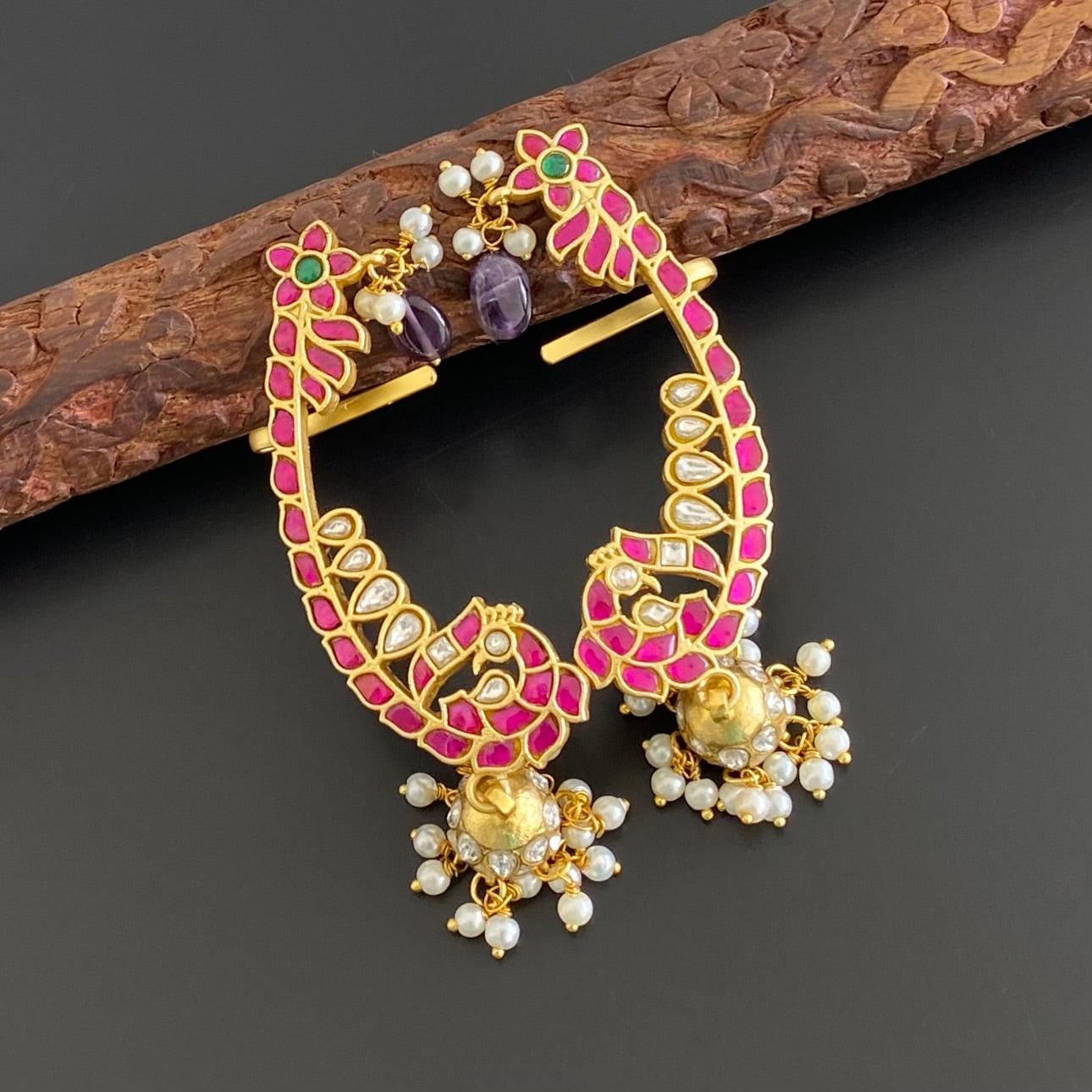 Gold tone kundan jadau peacock khanpool jhumkka dj-53580