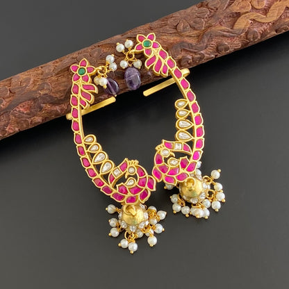 Gold tone kundan jadau peacock khanpool jhumkka dj-53580