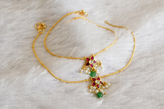 Gold tone pink-green-white flower kundan jadau anklets dj-52392
