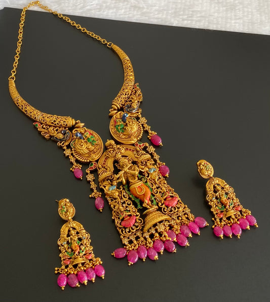 Matte finish pink beaded meenakari krishna kante necklace set dj-54097